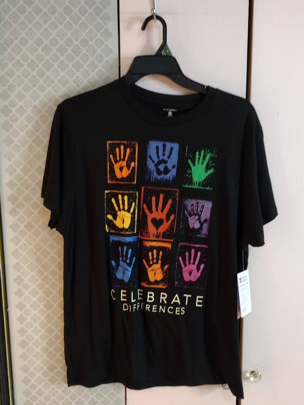 Celebrate Differences Black Graphic Tee with Colorful Handprints